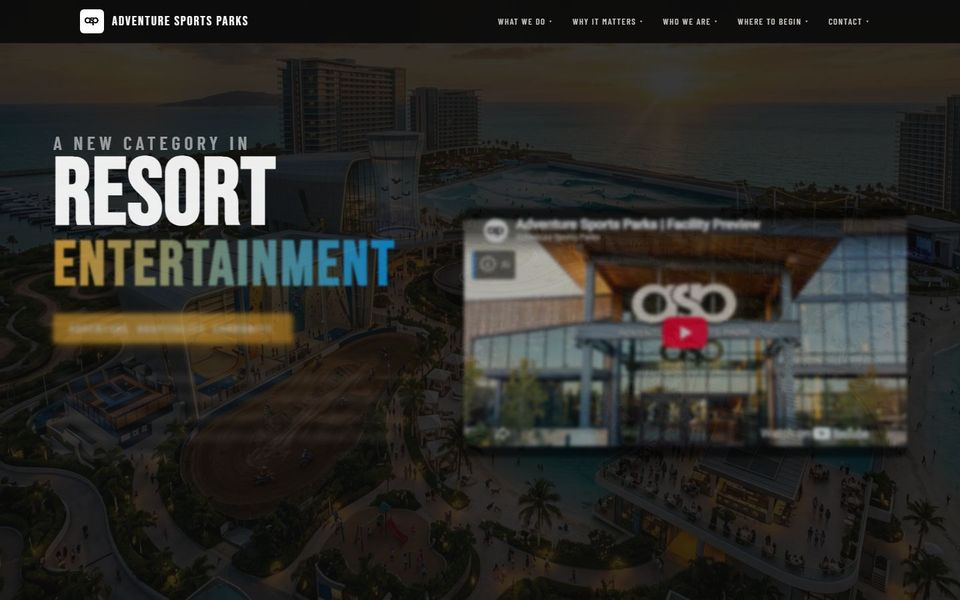 The Adventure Sports Parks homepage: an aerial rendering of a waterfront resort complex behind the words A new category in resort entertainment.