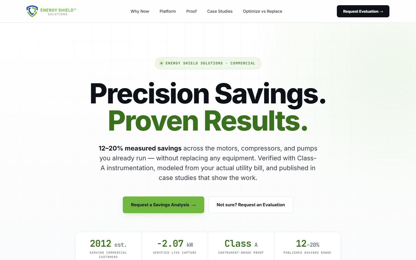 Screenshot of the Energy Shield Solutions website: a white homepage reading Precision Savings. Proven Results.