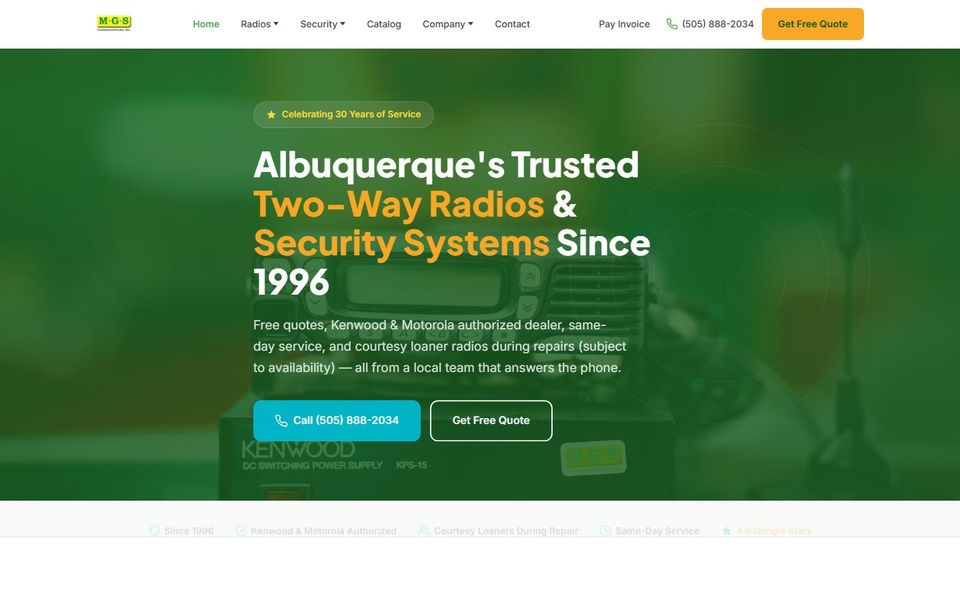 The MGS Communications homepage: a green layout over a Kenwood radio, reading Albuquerque's trusted two-way radios and security systems since 1996.