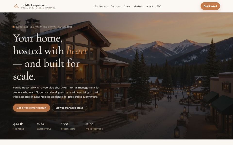 The Padilla Hospitality homepage: a lit mountain lodge at dusk behind the line Your home, hosted with heart — and built for scale.