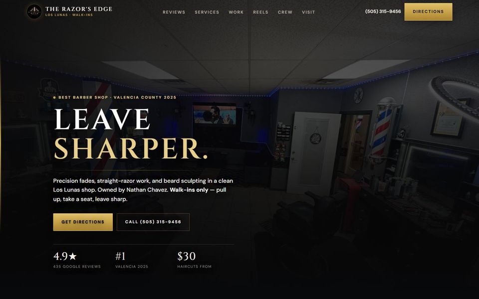 The Razor's Edge homepage: a dark barbershop interior behind the words Leave sharper., with a Los Lunas phone number and a directions button.
