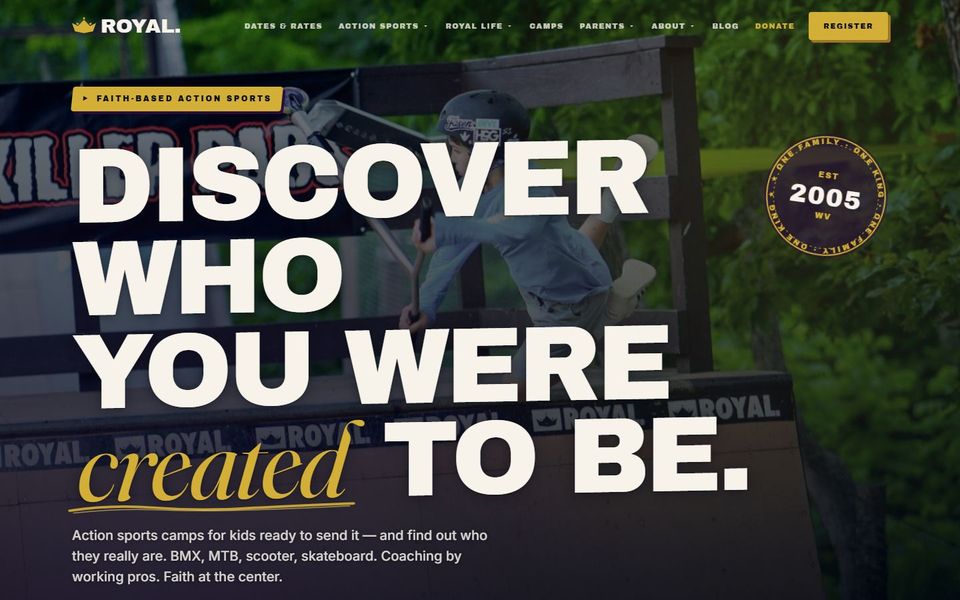 The Camp ROYAL homepage: a rider mid-trick on a ramp behind the words Discover who you were created to be.